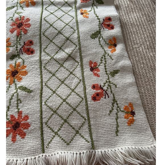 Vintage Floral Afghan Blanket Hand Knit Crochet Embroidered 46" x 68" - Picture 2 of 7